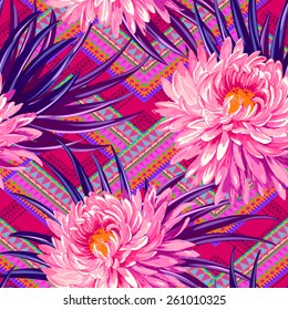 vector seamless tropical design on tribal ornamental background. large aster flowers and palm leaves on a geometric aztec background. colorful print for fashion or interior