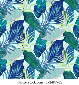 Vector, seamless, tropical, exotic, trendy, stylish, trendy, pattern of exotic, tropical plants, and shades of green. applicable in advertising prints, printing.
