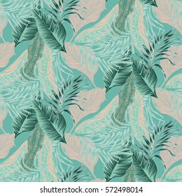 Vector, seamless, tropical, exotic, trendy, stylish, trendy, pattern of exotic, tropical plants, and shades of green. applicable in advertising prints, printing.
