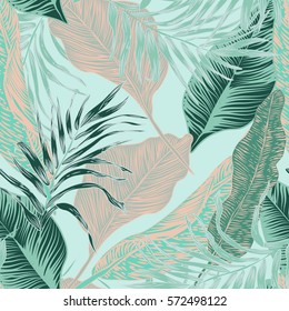 Vector, seamless, tropical, exotic, trendy, stylish, trendy, pattern of exotic, tropical plants, and shades of green. applicable in advertising prints, printing.
