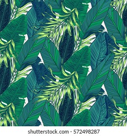 Vector, seamless, tropical, exotic, trendy, stylish, trendy, pattern of exotic, tropical plants, and shades of green. applicable in advertising prints, printing.
