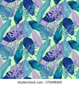 Vector, seamless, tropical, exotic, trendy, stylish, trendy, pattern of exotic, tropical plants, and shades of green. applicable in advertising prints, printing.
