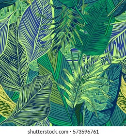 Vector, seamless, tropical, exotic, trendy, stylish, trendy, pattern of exotic, tropical plants, and shades of green. applicable in advertising prints, printing.