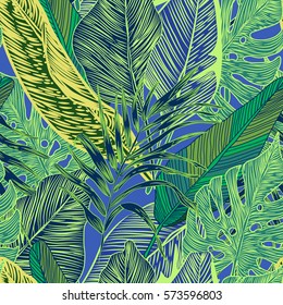 Vector, seamless, tropical, exotic, trendy, stylish, trendy, pattern of exotic, tropical plants, and shades of green. applicable in advertising prints, printing.