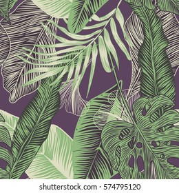 Vector, seamless, tropical, exotic, trendy, stylish, trendy, pattern of exotic, tropical plants, and shades of green. applicable in advertising prints, printing.