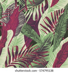 Vector, seamless, tropical, exotic, trendy, stylish, trendy, pattern of exotic, tropical plants, and shades of green. applicable in advertising prints, printing.