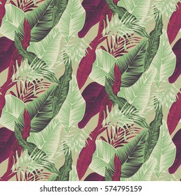 Vector, seamless, tropical, exotic, trendy, stylish, trendy, pattern of exotic, tropical plants, and shades of green. applicable in advertising prints, printing.