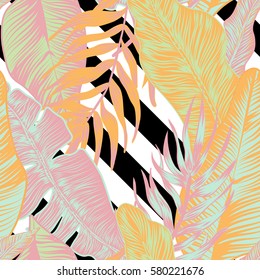 Vector, seamless, tropical, exotic, trendy, stylish, pattern of exotic, tropical plants, and shades of green. applicable in advertising prints, printing. with black and white stripes