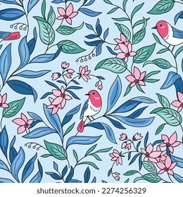 Vector seamless tropical floral pattern with birds. Stylish leaves and flowers design. Paradise garden seamless texture in hand-drawn style.