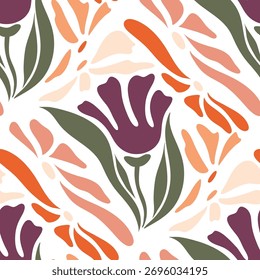 Patrón floral tropical sin fisuras de Vector con flores abstractas púrpuras y naranjas, hojas orgánicas, fondo de verano moderno para tela y Fondo de pantalla