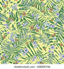 Vector seamless tropical floral pattern. Artistic fantasy rain forest tropic design, foliage , fern frond, palm leaf, flowers, multi color background allover print