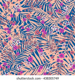 Vector seamless tropical floral pattern. Artistic fantasy rain forest tropic design, foliage , fern frond, palm leaf, flowers, multi color background allover print