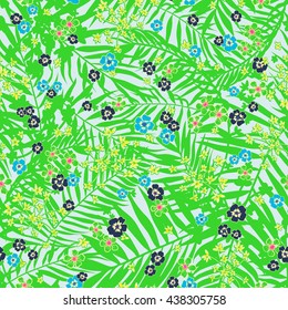 Vector seamless tropical floral pattern. Artistic fantasy rain forest tropic design, foliage , fern frond, palm leaf, flowers, multi color background allover print