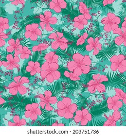 vector seamless tropical flowers and plam leaves print