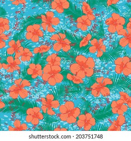 vector seamless tropical flowers and plam leaves print