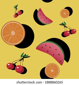 Vektor nahtlose tropische Früchte (Wassermelone, Kirschen, Orange) Muster mit dunklem Schatten auf hellgelbem Hintergrund