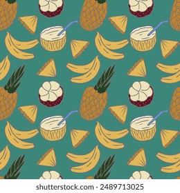 Vector seamless tropical fruits pattern. Hand drawn fresh juicy tropical fruits background.
