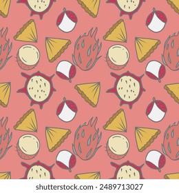 Vector seamless tropical fruits pattern. Hand drawn fresh juicy tropical fruits background.