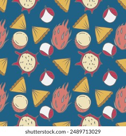 Vector seamless tropical fruits pattern. Hand drawn fresh juicy tropical fruits background.