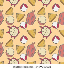 Vector seamless tropical fruits pattern. Hand drawn fresh juicy tropical fruits background.