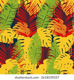 Vector Seamless Tropical Leaf Pattern with Vibrant Colors. Colorful Tropical Leaves. 