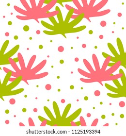 Vector seamless tropical leaves pattern. Pink and green tropical leaves with dots. Seamless graphic design. Fashion, interior, wrapping, packaging suitable. 