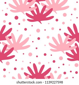 Vector seamless tropical leaves pattern. Pink tropical leaves with dots. Seamless graphic design. Fashion, interior, wrapping, packaging suitable. 