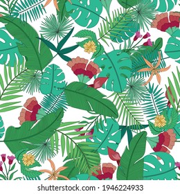 Vector seamless tropical leaves pattern, with palm leaves, monstera and flowers