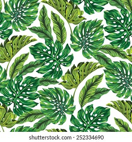 vector seamless tropical leaves pattern. strong greens leaves of exotic monstera plant. retro style illustration.