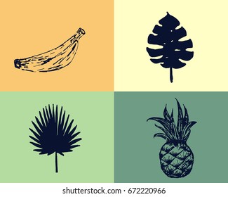 Vector seamless tropical leaves Pineapple and banana pattern