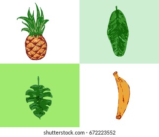 Vector seamless tropical leaves Pineapple and banana pattern