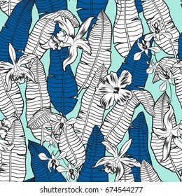 vector seamless tropical pattern with banana leaves and orchid flowers, linear graphical background design.