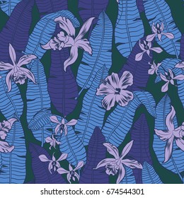 vector seamless tropical pattern with banana leaves and orchid flowers, linear graphical background design.