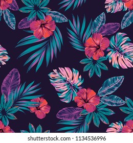 Vector seamless tropical pattern with beautiful exotic flowers and leaves. 