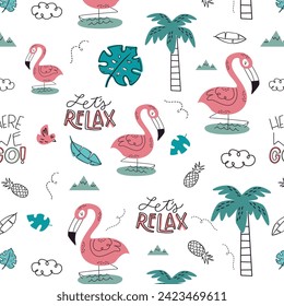 Vector seamless tropical pattern. Birds, flamingo, toucan, flowers, pineapples in the jungle.