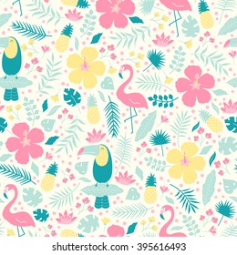 Vector seamless tropical pattern. Birds, flamingo, toucan, flowers, pineapples in the jungle.