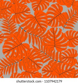 Vector seamless tropical pattern, bright tropical foliage, monstera leaves. Modern bright summer print design from thickets of tropical leaves from the jungle.