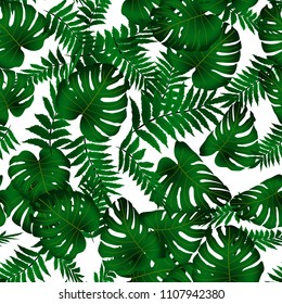 Vector seamless tropical pattern, bright tropical foliage, monstera leaves. Modern bright summer print design from thickets of tropical leaves from the jungle.