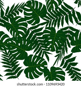 Vector seamless tropical pattern, bright tropical foliage, monstera leaves. Modern bright summer print design from thickets of tropical leaves from the jungle.