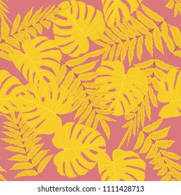 Vector seamless tropical pattern, bright tropical foliage, monstera leaves. Modern bright summer print design from thickets of tropical leaves from the jungle.