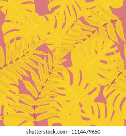 Vector seamless tropical pattern, bright tropical foliage, monstera leaves. Modern bright summer print design from thickets of tropical leaves from the jungle.