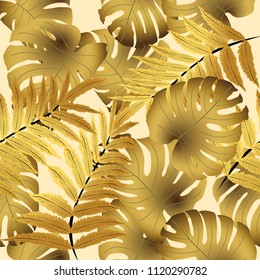 Vector seamless tropical pattern, bright tropical foliage, monstera leaves. Modern bright summer print design from thickets of tropical leaves from the jungle.