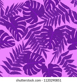 Vector seamless tropical pattern, bright tropical foliage, monstera leaves. Modern bright summer print design from thickets of tropical leaves from the jungle.