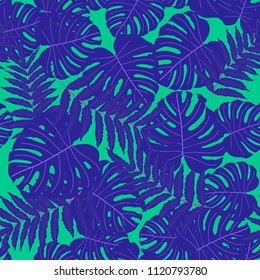 Vector seamless tropical pattern, bright tropical foliage, monstera leaves. Modern bright summer print design from thickets of tropical leaves from the jungle.