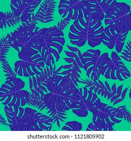 Vector seamless tropical pattern, bright tropical foliage, monstera leaves. Modern bright summer print design from thickets of tropical leaves from the jungle.