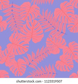 Vector seamless tropical pattern, bright tropical foliage, monstera leaves. Modern bright summer print design from thickets of tropical leaves from the jungle.
