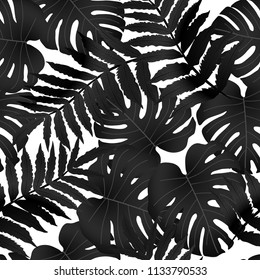 Vector seamless tropical pattern, bright tropical foliage, monstera leaves. Modern bright summer print design from thickets of tropical leaves from the jungle.