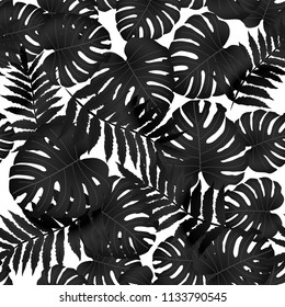 Vector seamless tropical pattern, bright tropical foliage, monstera leaves. Modern bright summer print design from thickets of tropical leaves from the jungle.