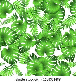 Vector seamless tropical pattern, bright tropical foliage, monstera leaves. Modern bright summer print design from thickets of tropical leaves from the jungle.