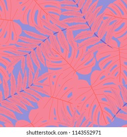 Vector seamless tropical pattern, bright tropical foliage, monstera leaves. Modern bright summer print design from thickets of tropical leaves from the jungle.